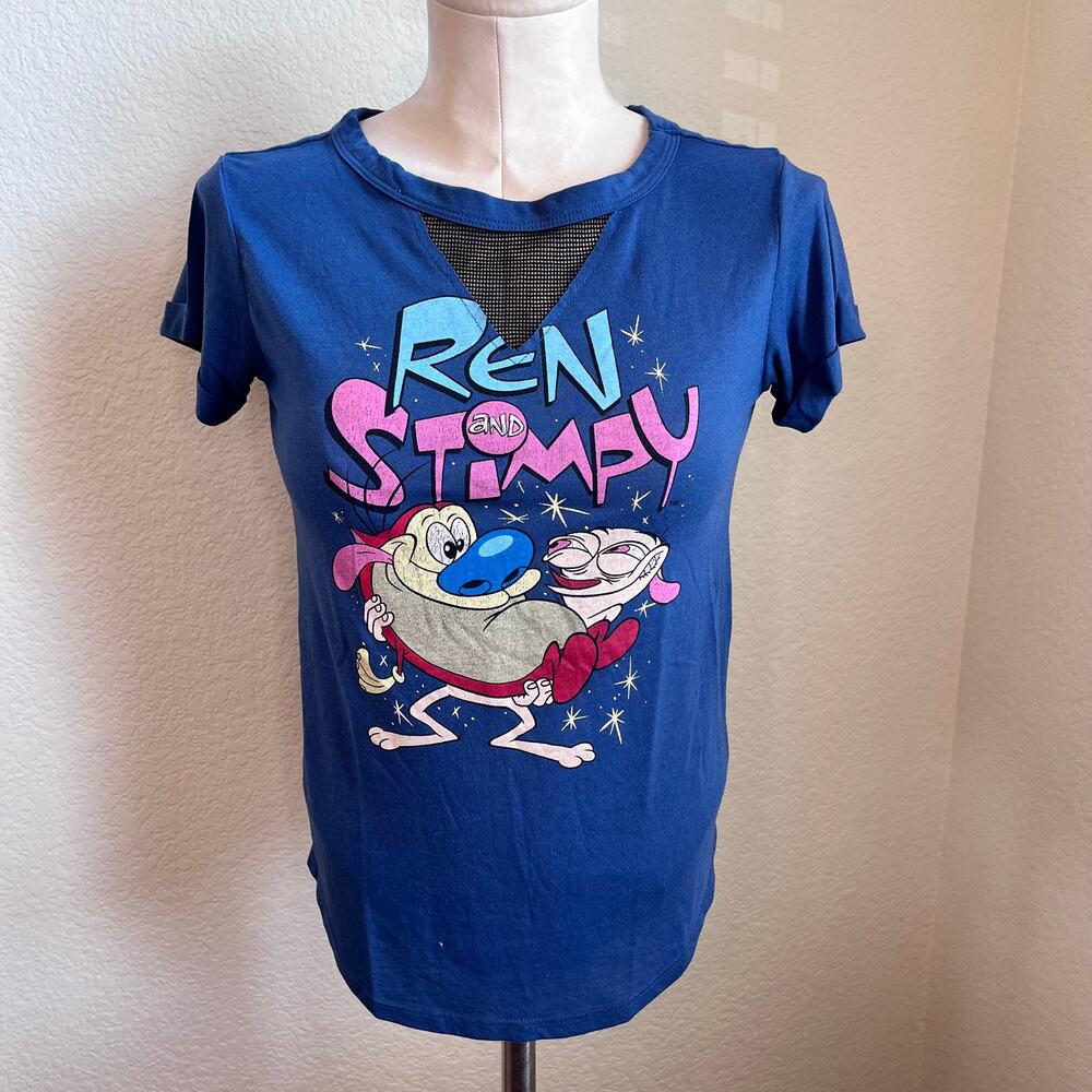 90s Nickelodeon Ren Stimpy Cartoon blue graphic tee womens XS vintage RARE